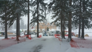Lakelawn timber frame barn snow