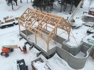 Lakelawn timber frame barn aerial